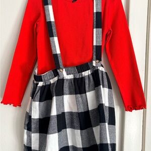Carter's Red Top with Black and White Plaid Overalls